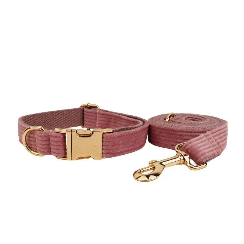 Corduroy dog collar and matching five-piece accessory set with leash, vest, bow, and bag in coordinated colours