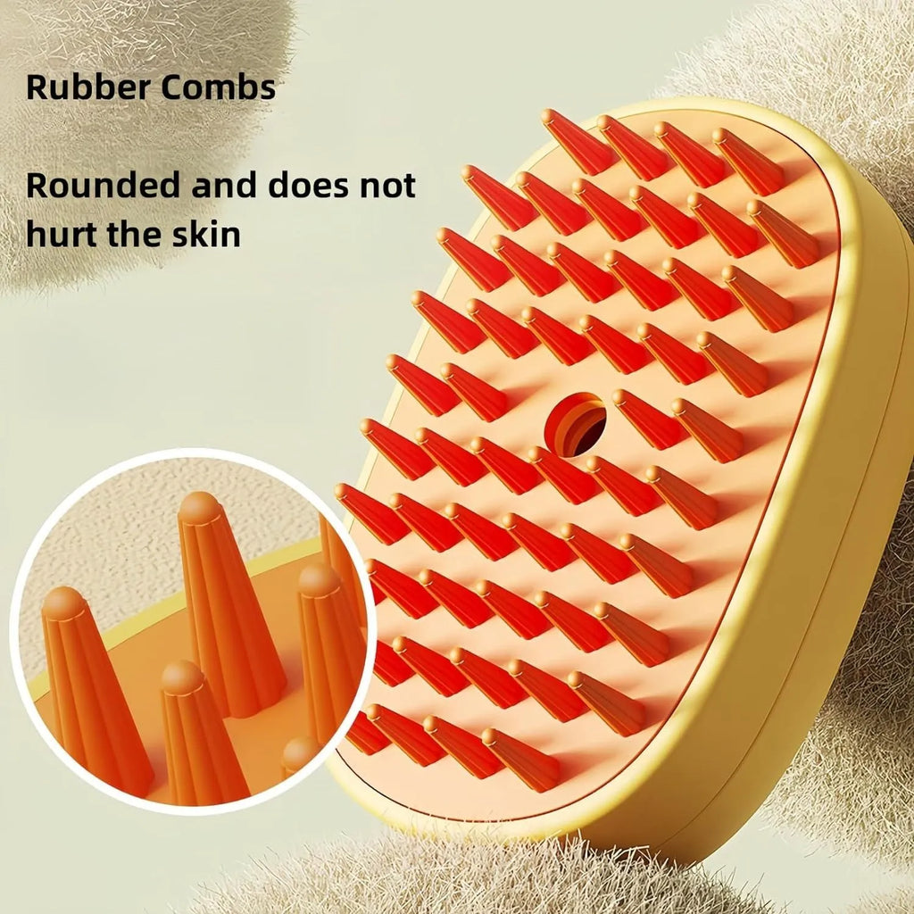 White and yellow rechargeable pet steam brush with rubber comb teeth and water tank