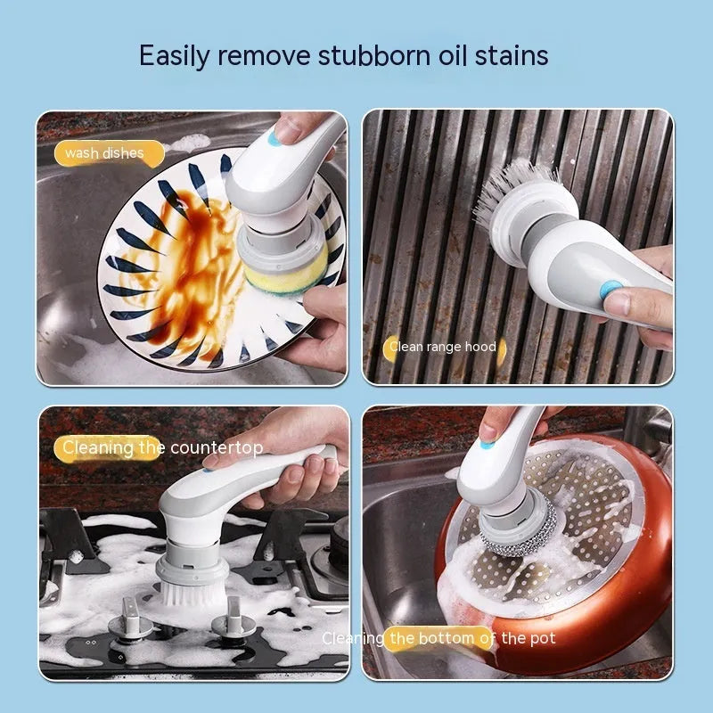 White cordless electric cleaning brush with multiple brush heads on charging dock