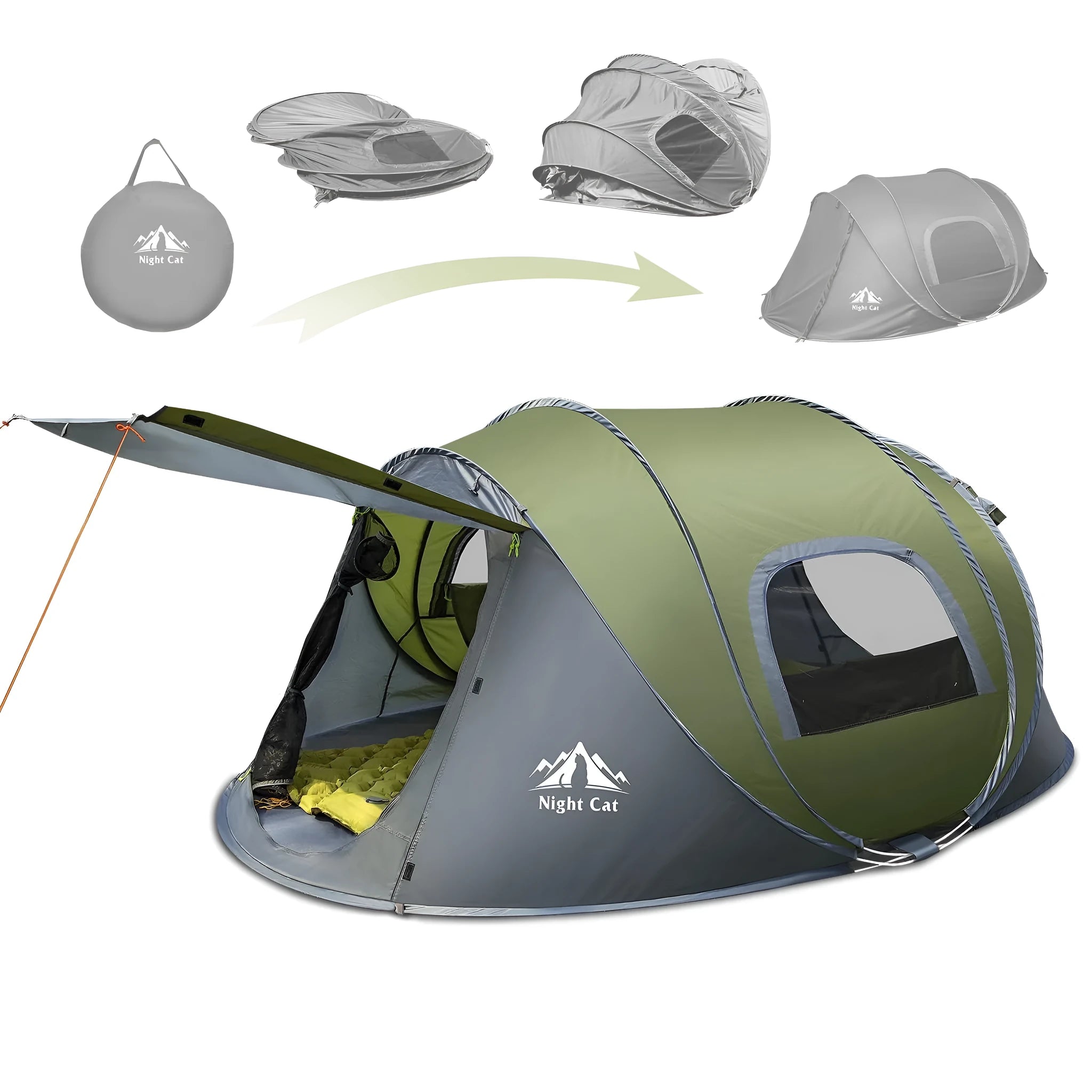 Dark green automatic camping tent for two people with a compact design.