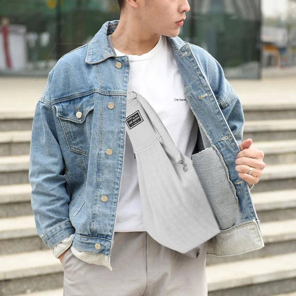 Pet dog travel sling carrier in light grey polyester with phone pocket, suitable for small pets up to 10 jin