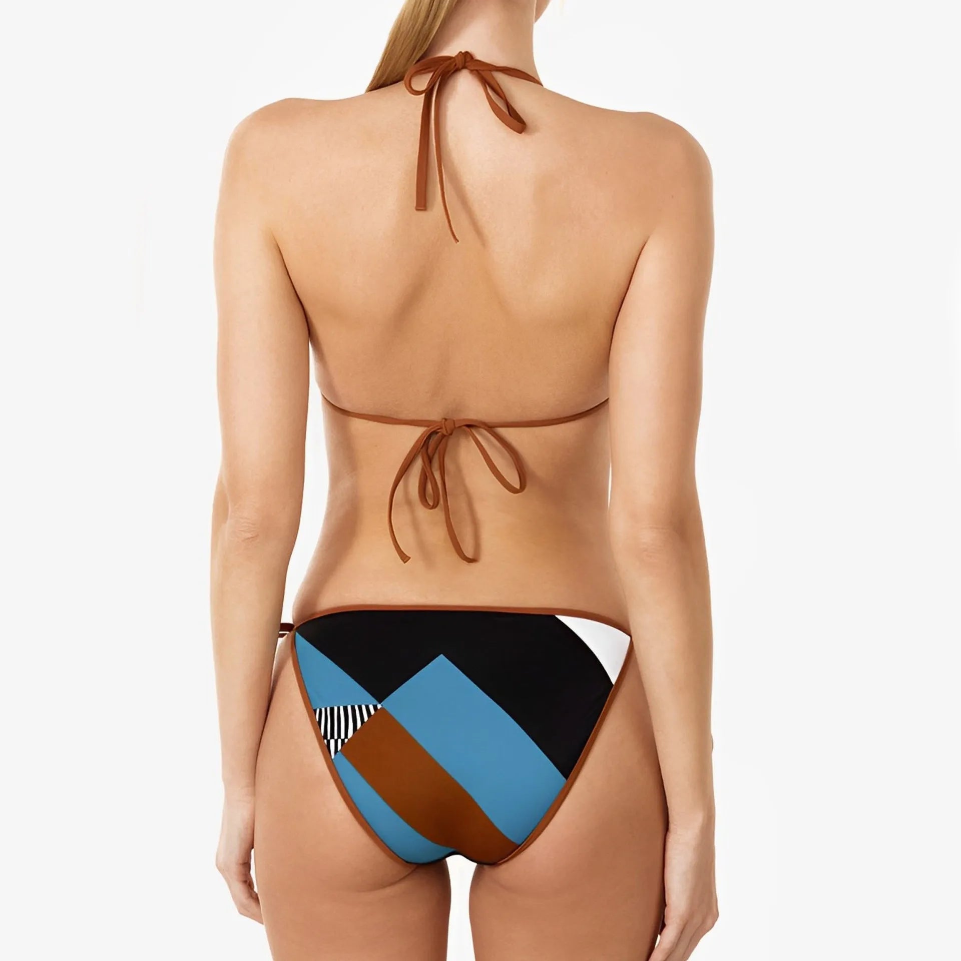 Women's skinny print backless bikini swimsuit in picture colour, shown as a two-piece set.