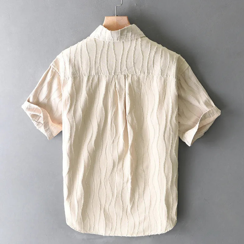 Men's apricot coloured pure cotton casual shirt with short sleeves and loose fit.