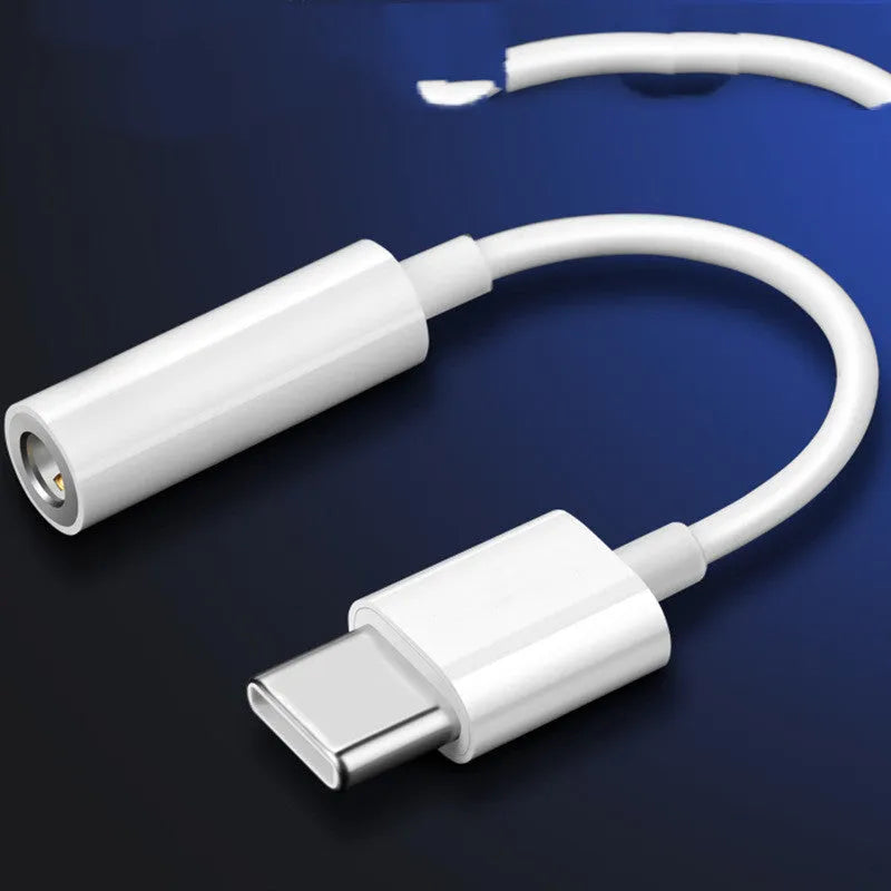 White USB-C to 3.5mm digital audio adapter cable with copper core, ABS connectors, and TPE cable body for Huawei Xiaomi HTC smartphones