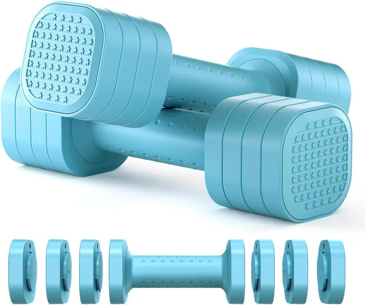 Pink and blue detachable ABS plastic dumbbell set for women's fitness and body shaping.