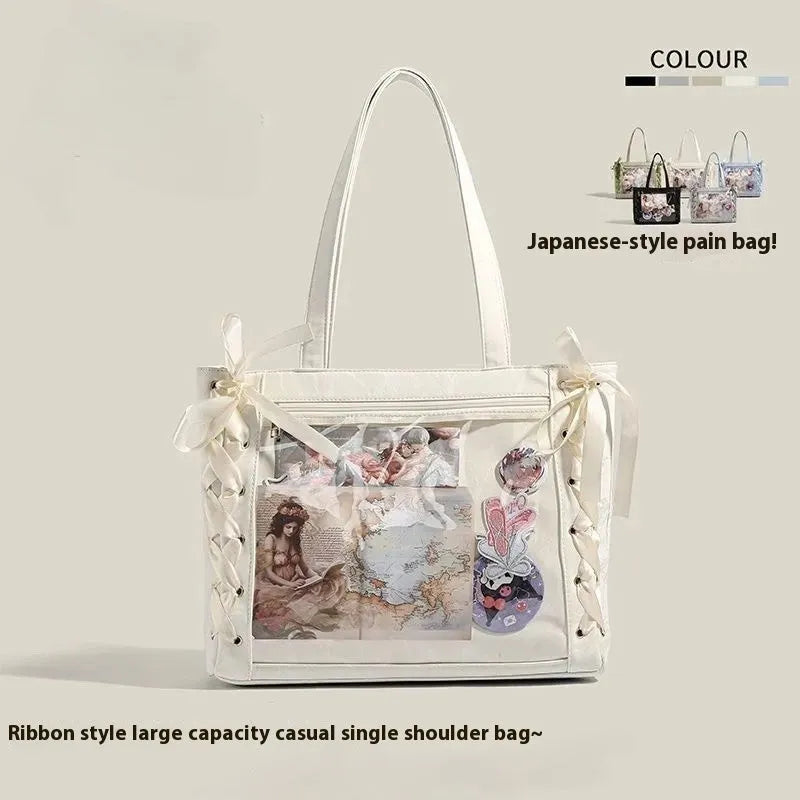 Transparent large capacity PU tote bag with double straps and zip pocket, shown in multiple colours.