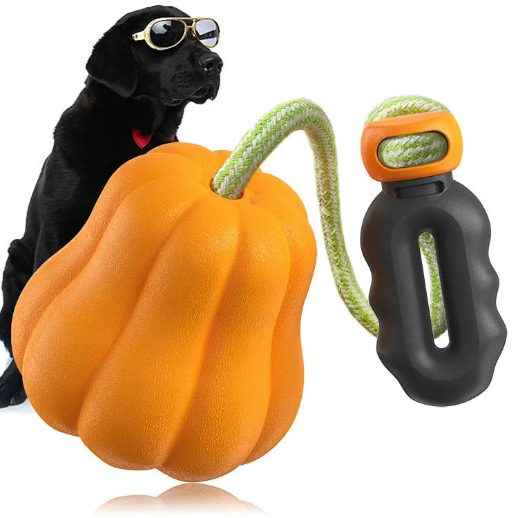 Orange plastic molar-shaped dog chew toy with rope, placed on grass for outdoor use.