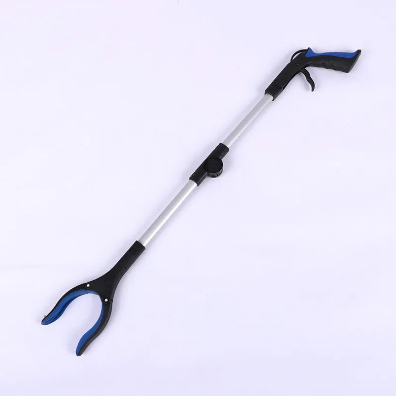 Foldable aluminium litter picker with magnet, shown extended and with blue handle.