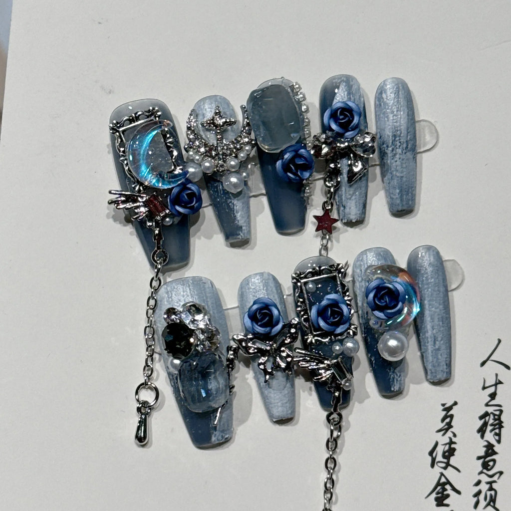 Heavy industry blue false nails with ornate rose and tulip floral pattern design in sizes XS S M L