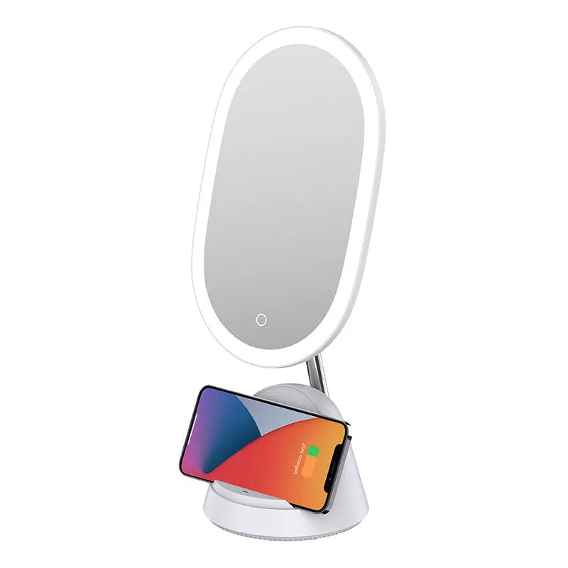 White desktop makeup mirror with integrated lighting standing 43.9cm tall on table surface