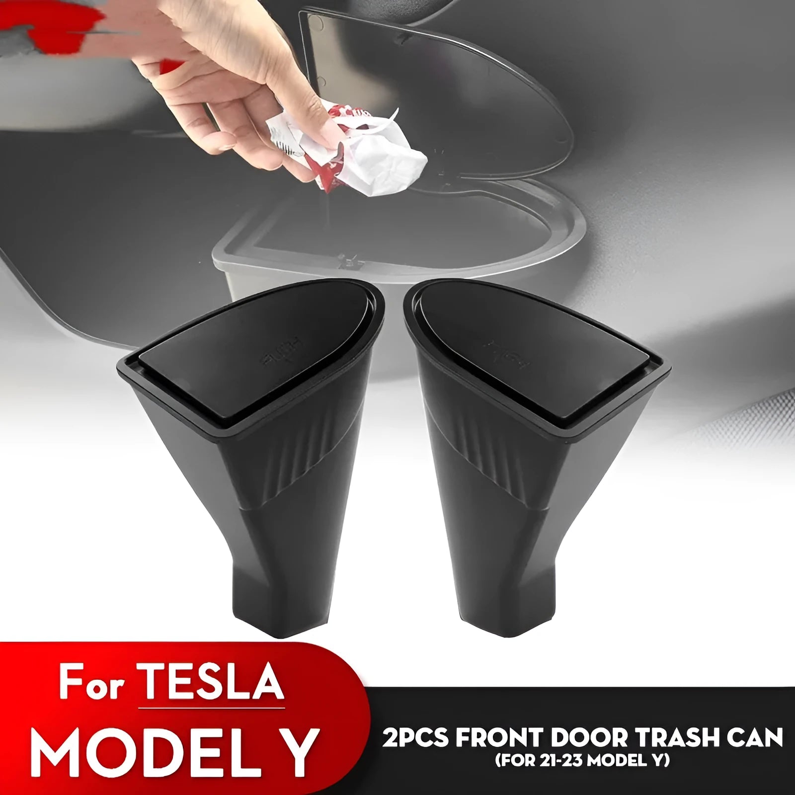 Two black ABS plastic storage boxes designed for Tesla Model Y front door pockets.