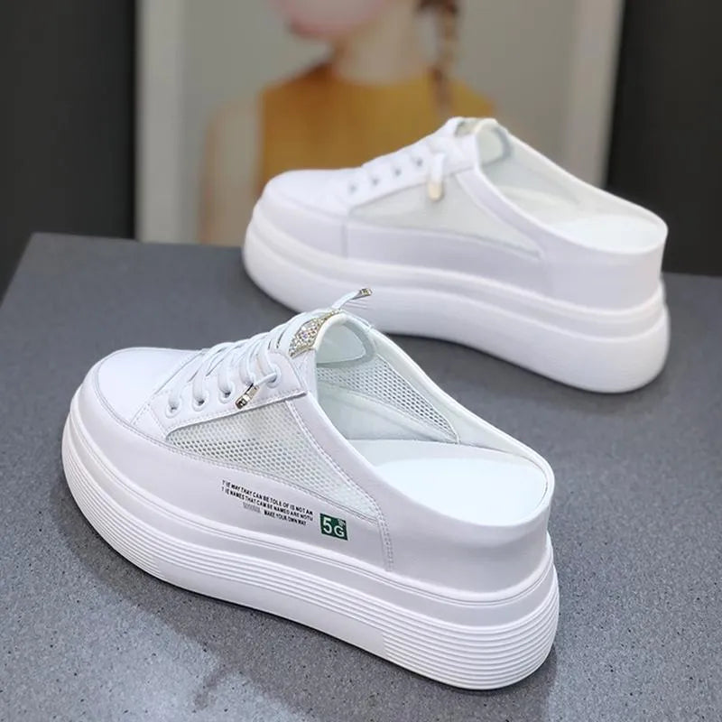 White women's platform shoes with mesh surface and heel-free design