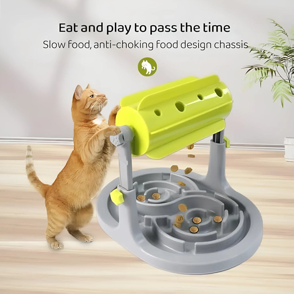 Blue interactive puzzle feeder bowl for dogs and cats with adjustable height and raised patterns.