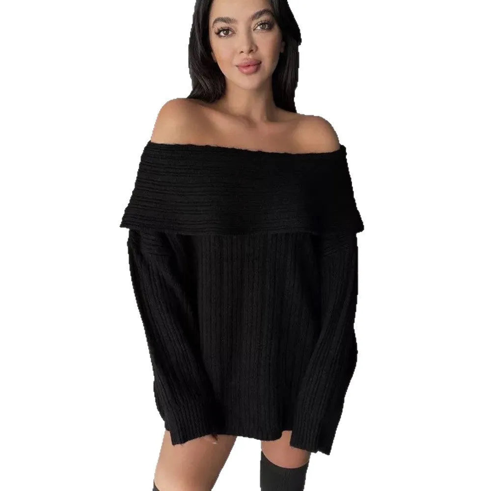 Woman wearing a loose-fitting, long-sleeved, off-neck pullover sweater in a solid colour