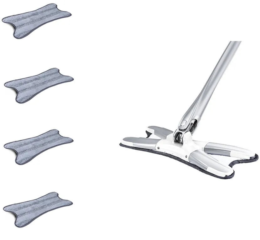 White hand-free flat mop with ABS head and metal pedal next to plastic basket