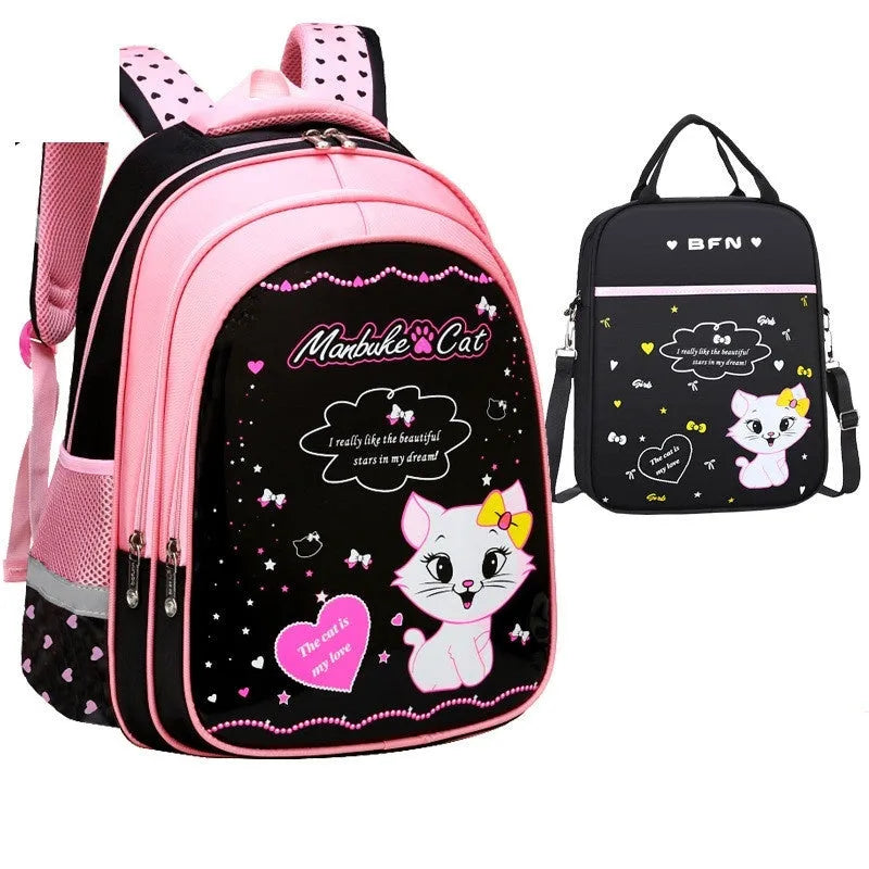 Blue kids school backpack with cute cat print showing front zipper compartment and shoulder straps