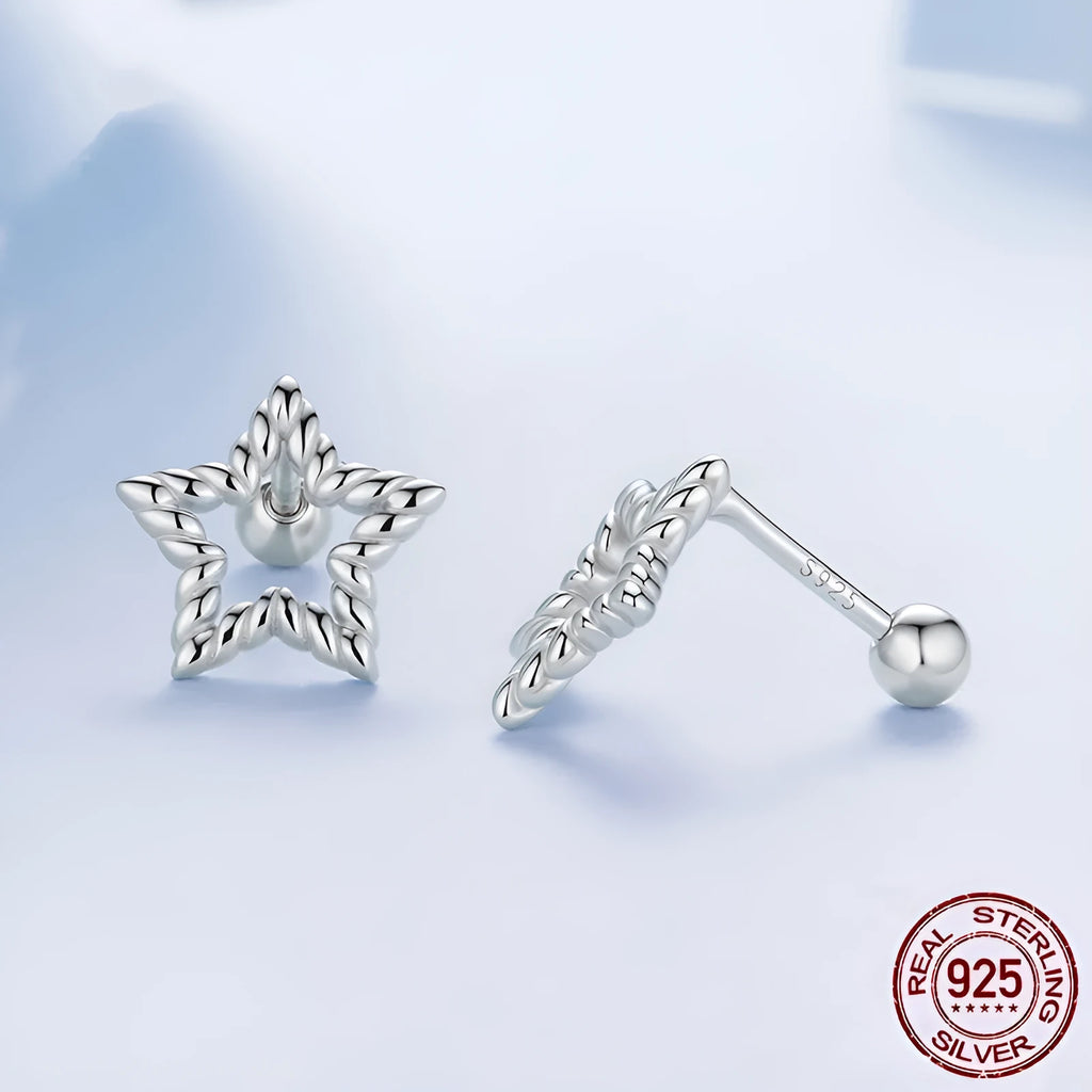 S925 sterling silver star stud earrings with electroplated finish, simple classic silver studs for women, supplied as a pair