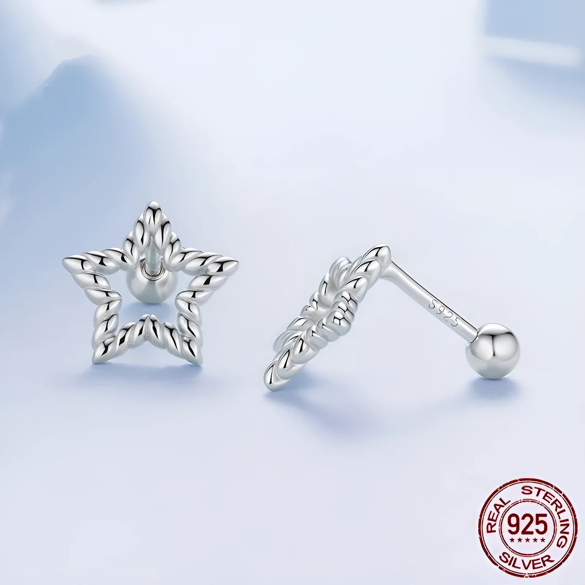 S925 sterling silver star stud earrings with electroplated finish, simple classic silver studs for women, supplied as a pair