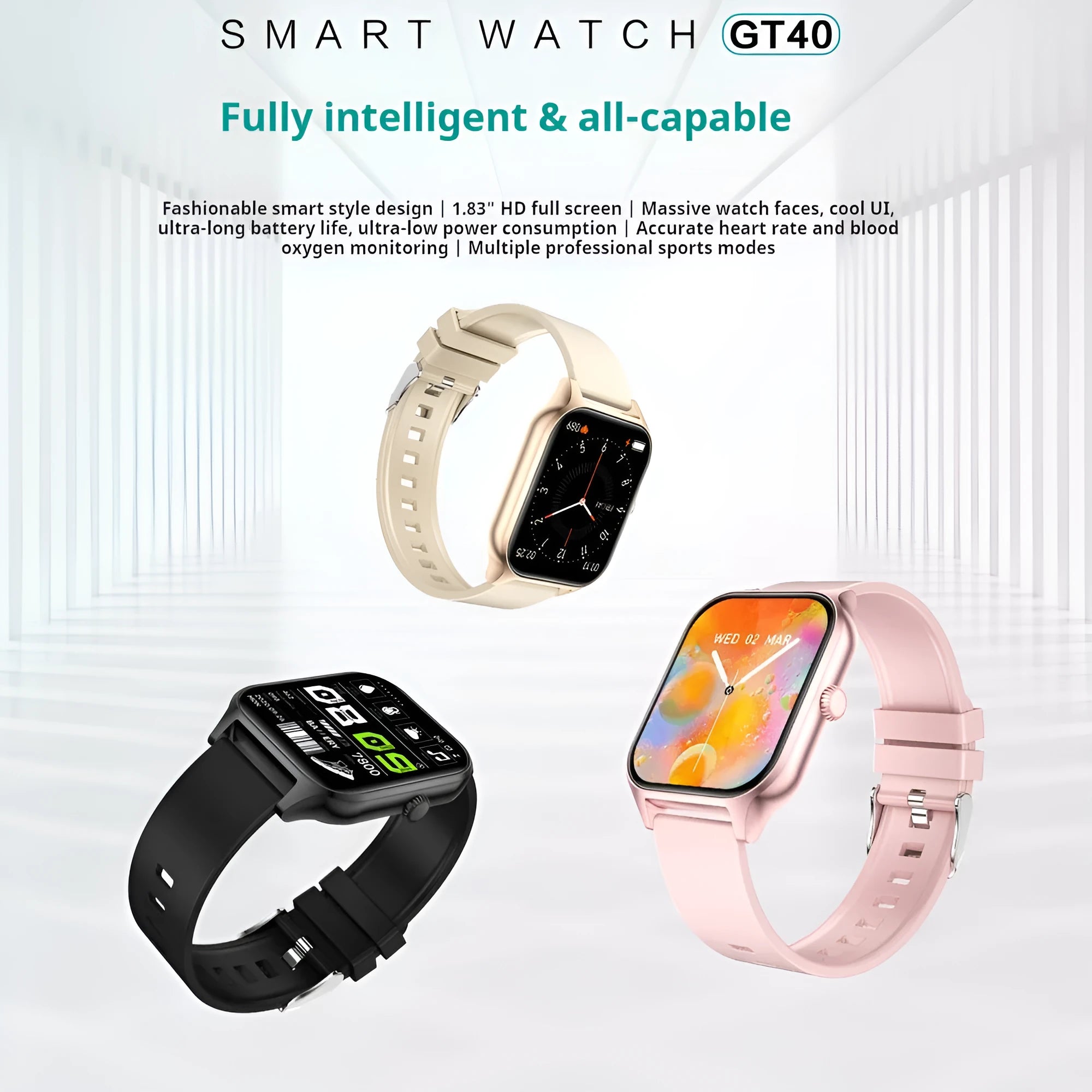 Multi-sport mode watch with alloy case, 12mm thick, available in rose gold, black, silver, or gold, gift box packaging