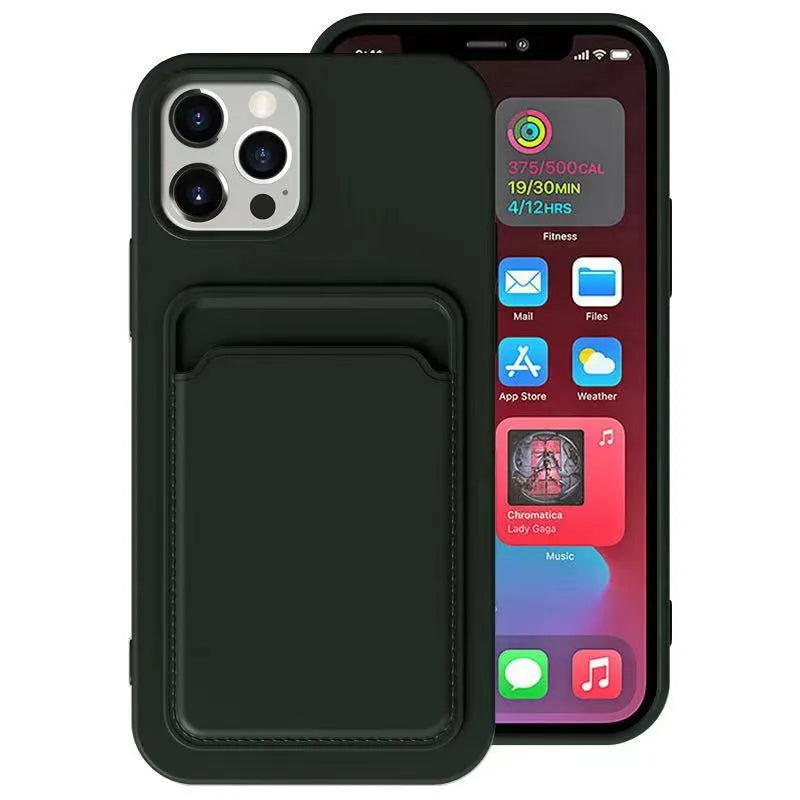 Card fine hole liquid phone case in TPU for Apple iPhone with card slot in back, black colour, simple style