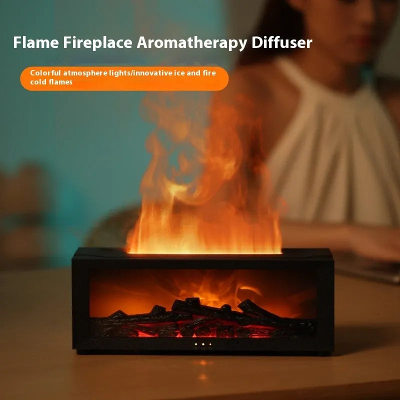 Square desktop flame aromatherapy diffuser with realistic fire effect and 7-colour mood light base.