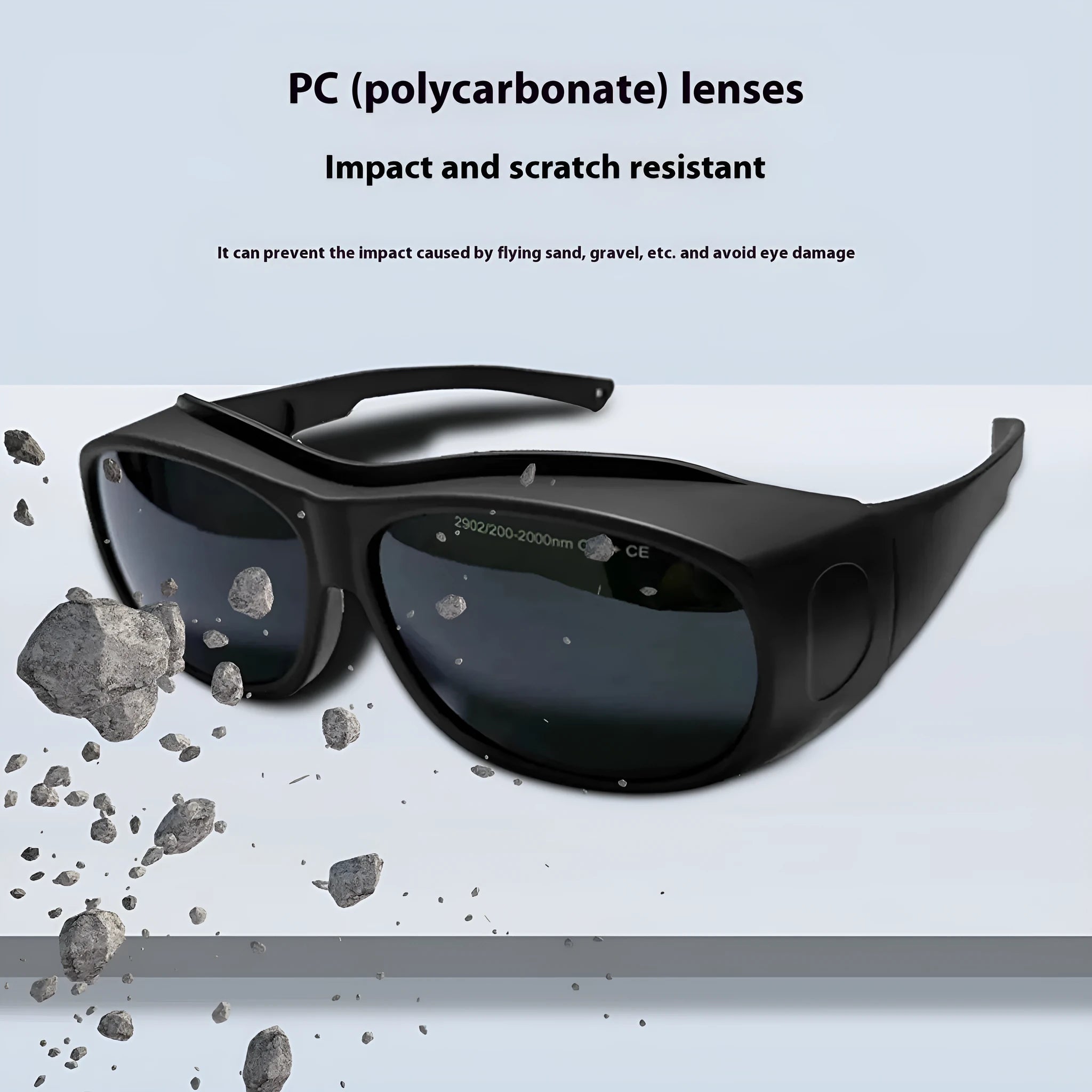 A pair of clear PC laser safety goggles for skin rejuvenation and welding, offering 200-2000nm wavelength protection.