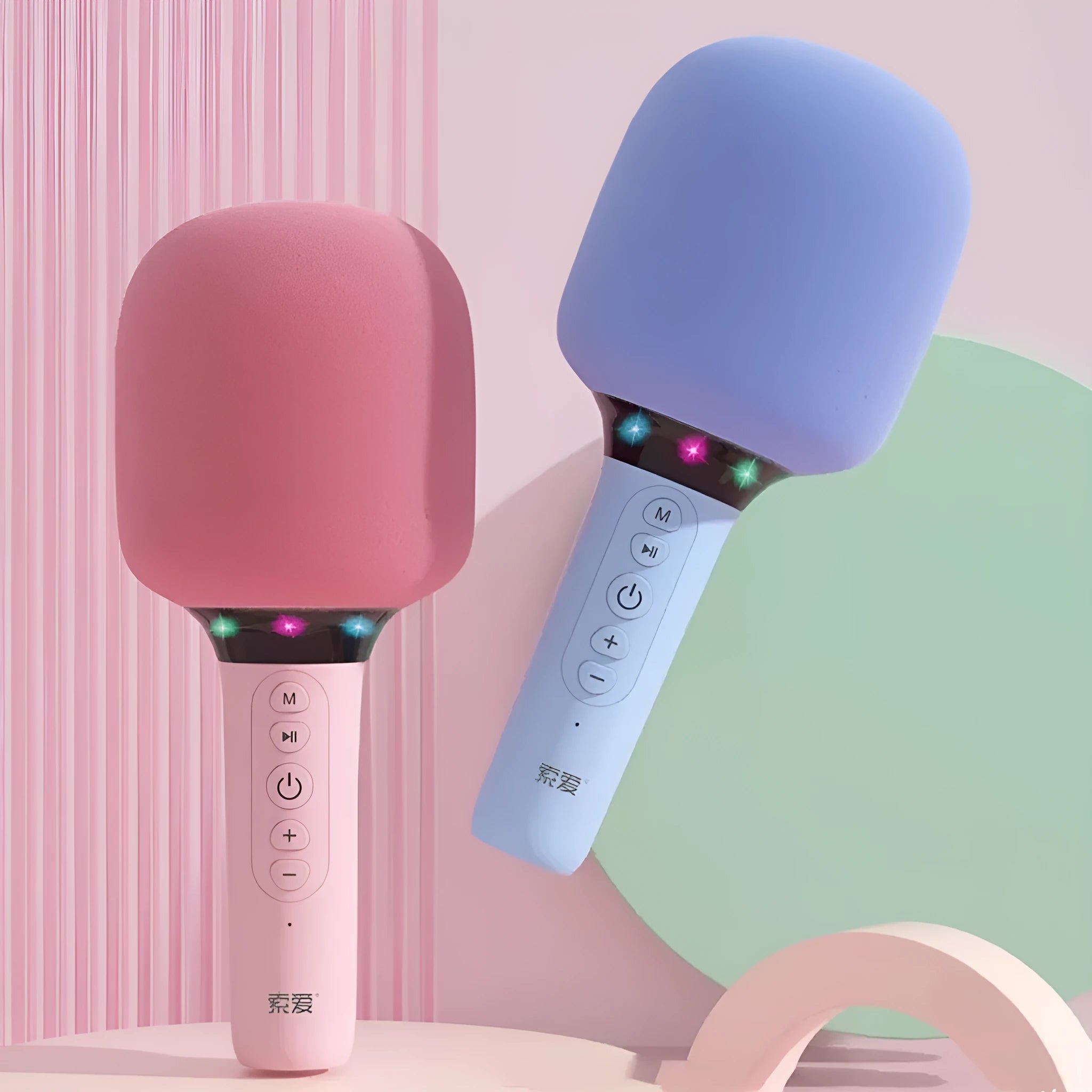 Bluetooth children's handheld karaoke microphone with built-in speaker in pink and white finish