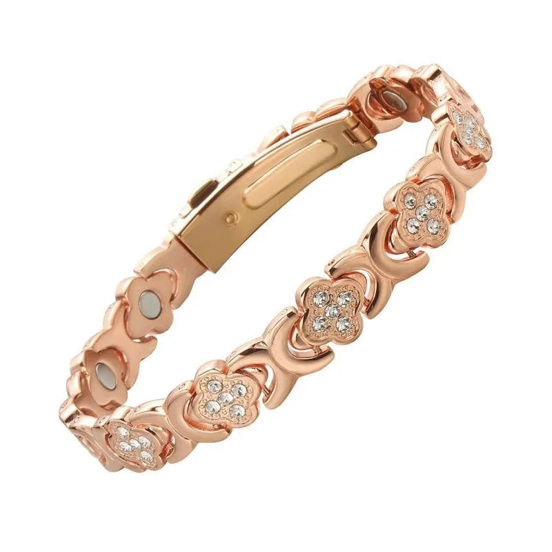 Clover magnet bracelet, zinc alloy flower shape with single row diamond-set stones and magnetic clasp, unisex, Style 4 or Style 5