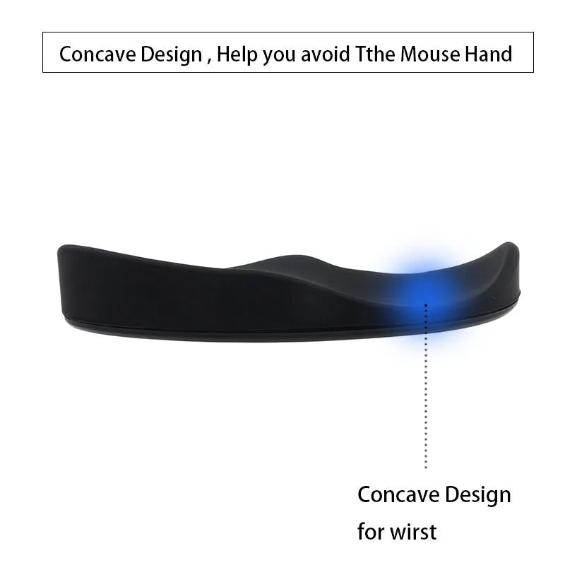 Ergonomic silicone gliding mouse wrist rest for right-handed use, black, 10 x 4.5 x 5 cm, on desk with computer mouse