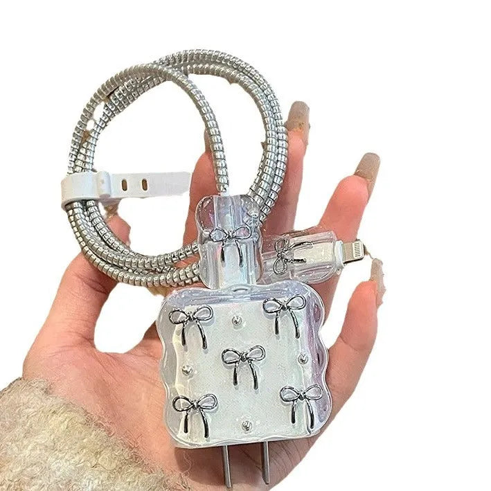 Transparent TPU charger protective cover set with bow design for 20W charger