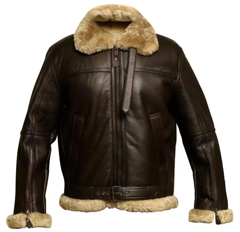 Winter fur integrated thickened zipper faux leather men's jacket in black with long sleeves, straight hem, and slit pockets.