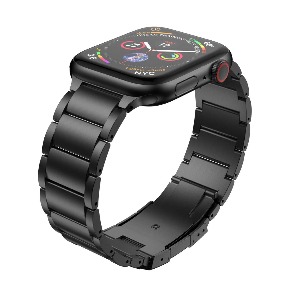 Titanium alloy Apple Watch replacement strap with folding buckle in black and silver colours