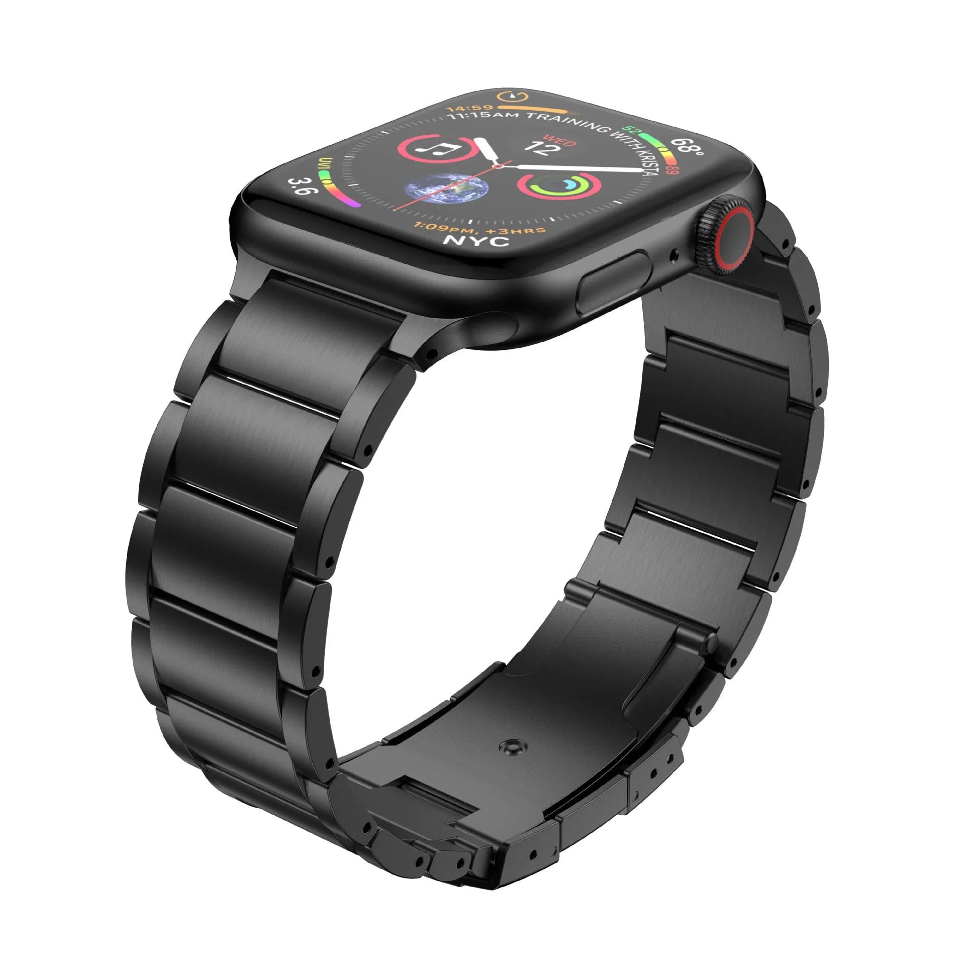 Titanium alloy Apple Watch replacement strap with folding buckle in black and silver colours