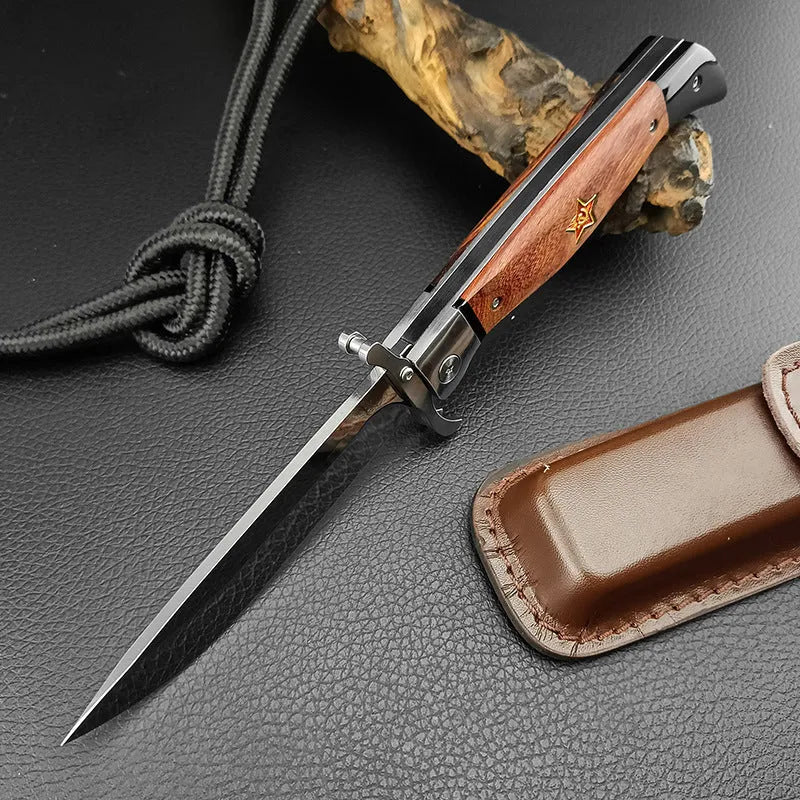 Multi-function folding camping knife with 440C blade, sandal wood handle, and cowhide sheath, 25.2cm total length