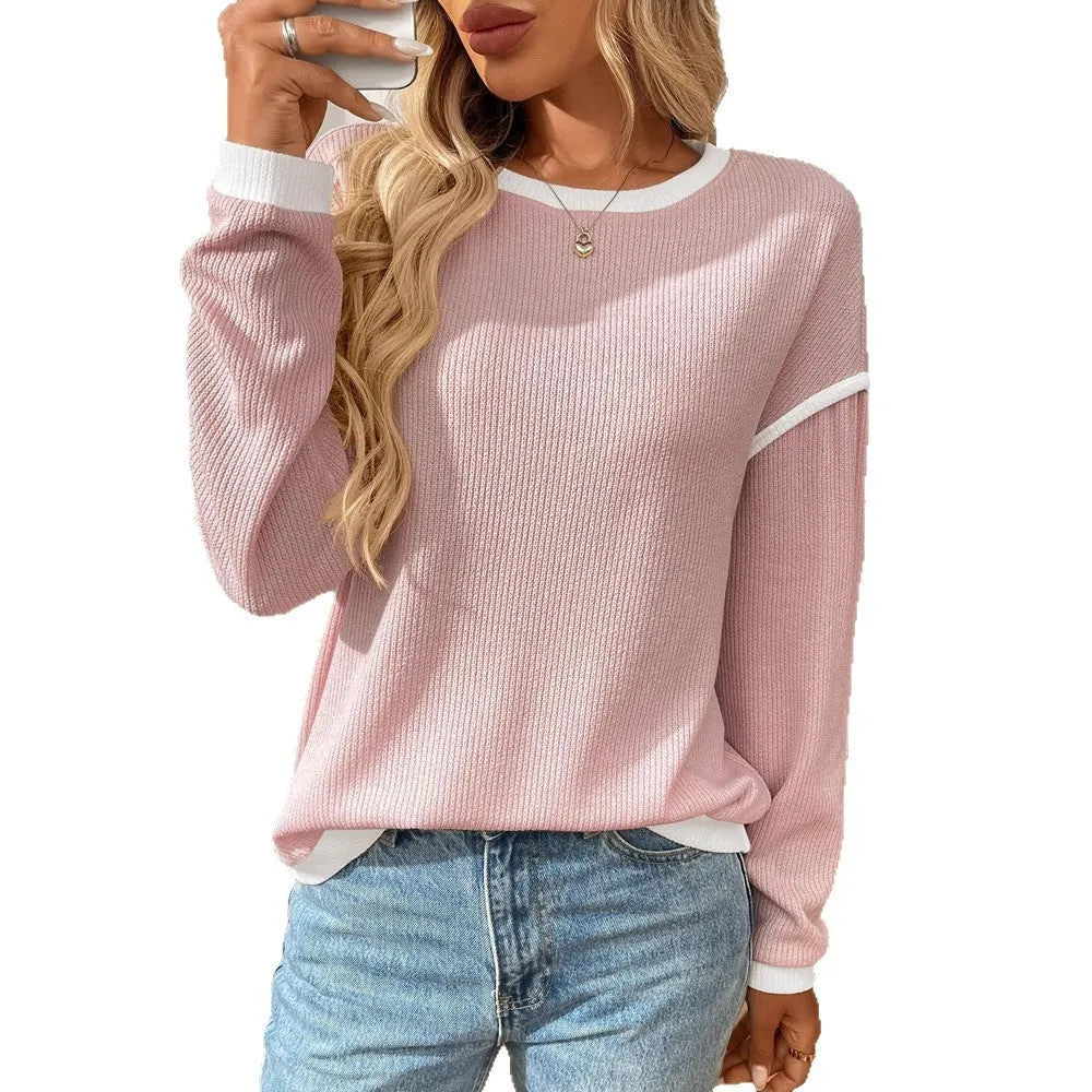 Women's loose round neck long sleeve polyester pullover top shown in multiple colour options.