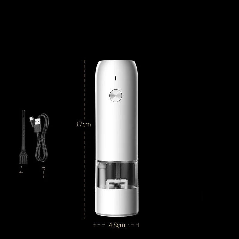 Rechargeable electric pepper and salt grinder in black, white, or silver with clear acrylic body and ceramic mechanism.