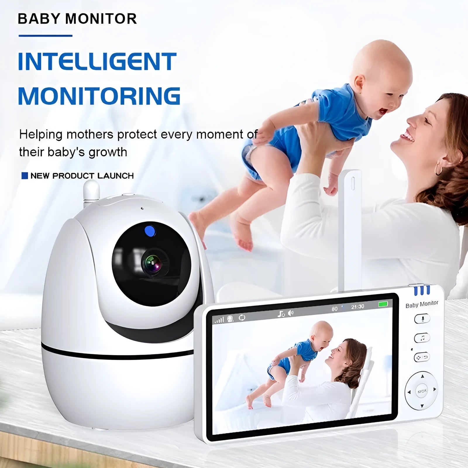 White wireless baby monitor with 5-inch HD screen and temperature display