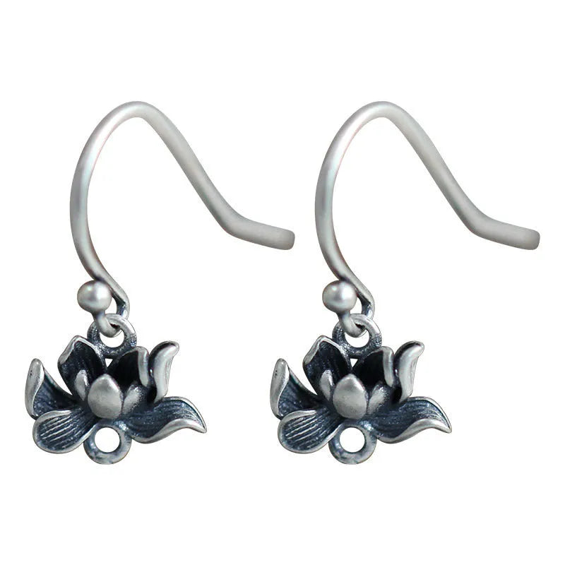 925 sterling silver lotus hook earrings for women, retro artistic flower shape, silver finish