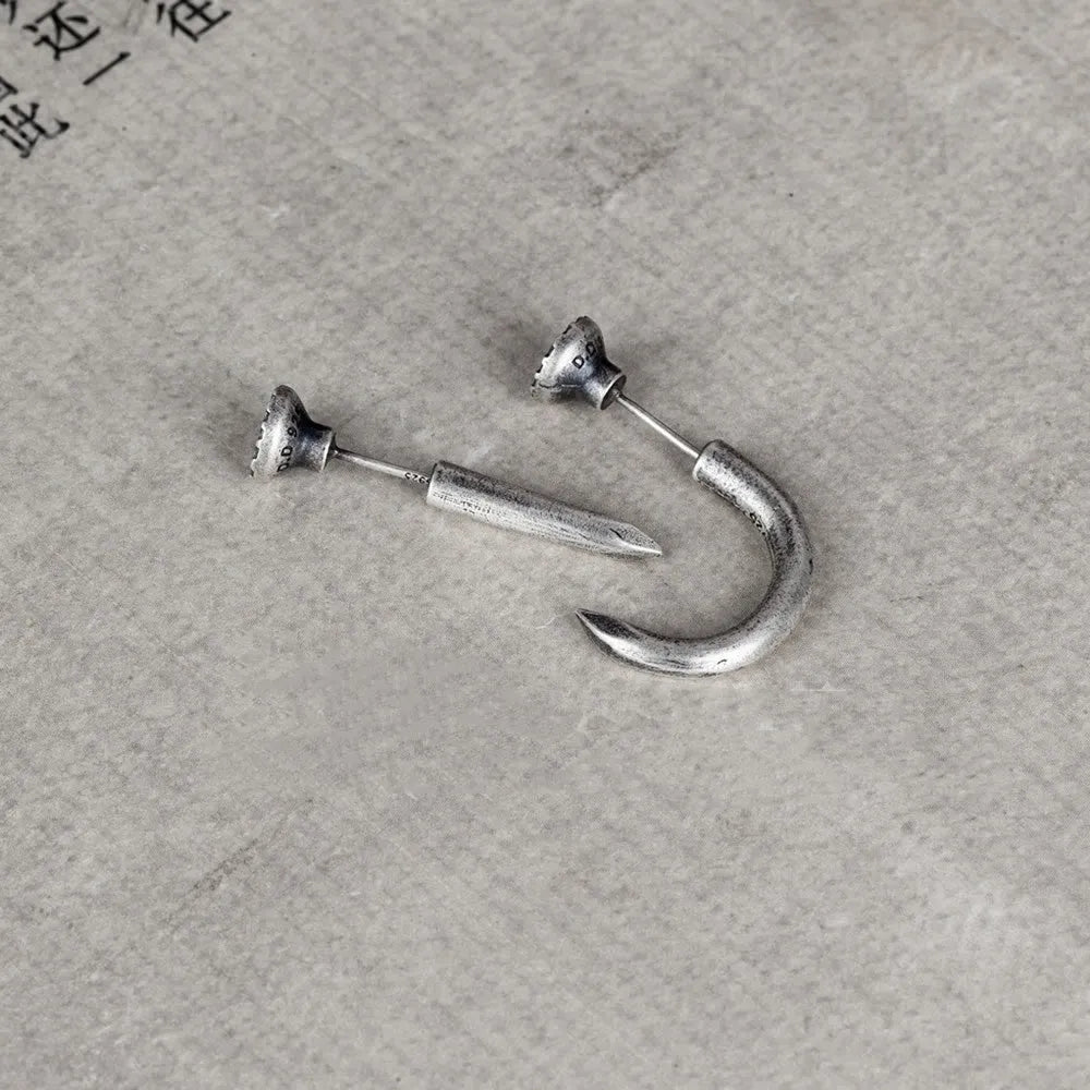 Sterling silver S925 nail-shaped stud earrings in straight and curved designs for punk fashion