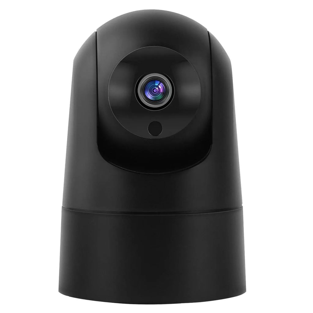 White indoor security camera on a shelf with 1080p HD, two-way audio, and dual-band Wi-Fi.