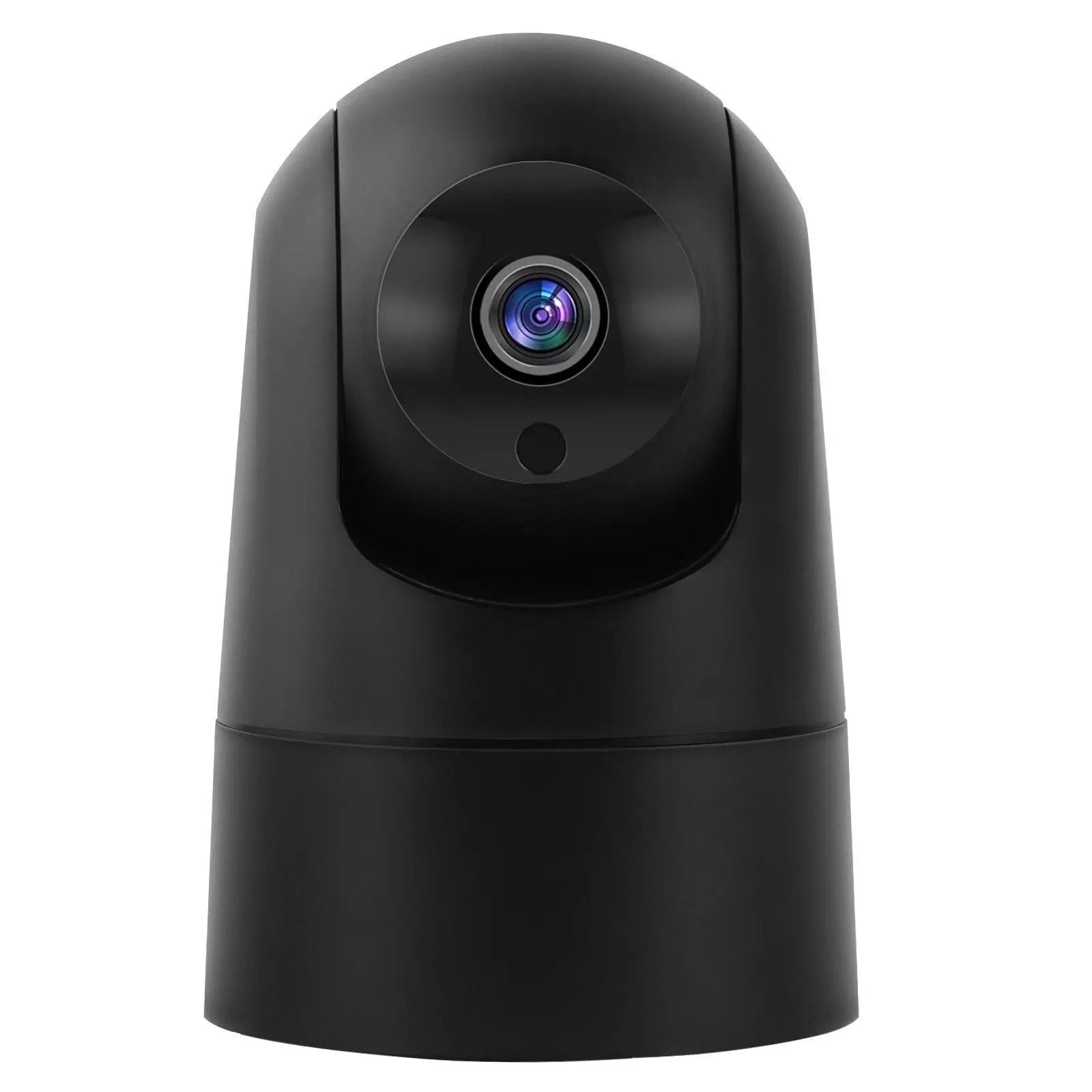 White indoor security camera on a shelf with 1080p HD, two-way audio, and dual-band Wi-Fi.
