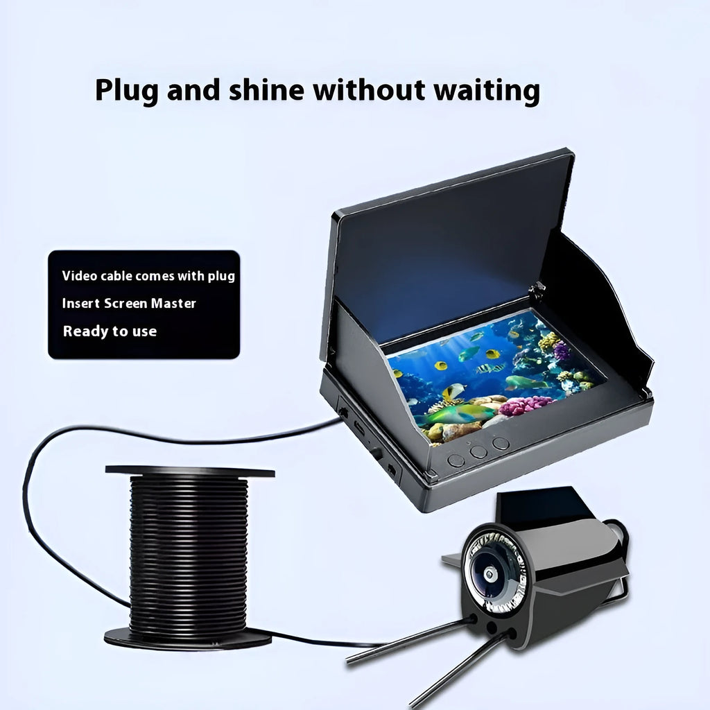 Underwater fish finder camera with 4.3-inch display screen and separate camera unit on a long cable.