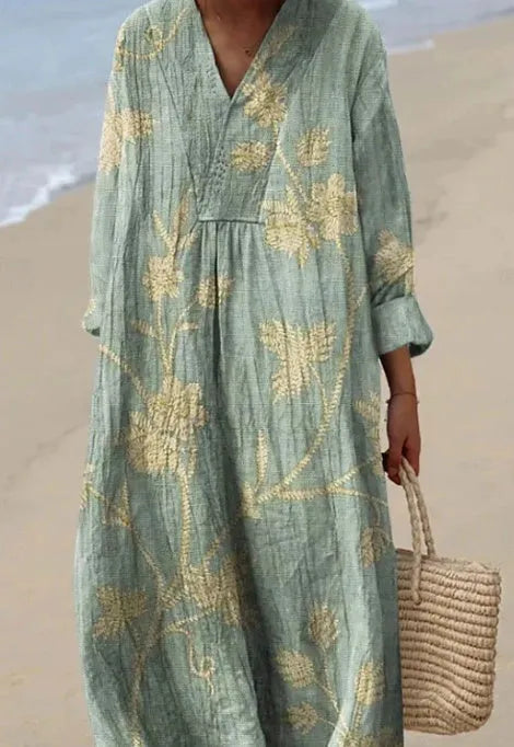 Casual long sleeve shirt dress with a 3D printed floral pattern and a princess silhouette wide waist.