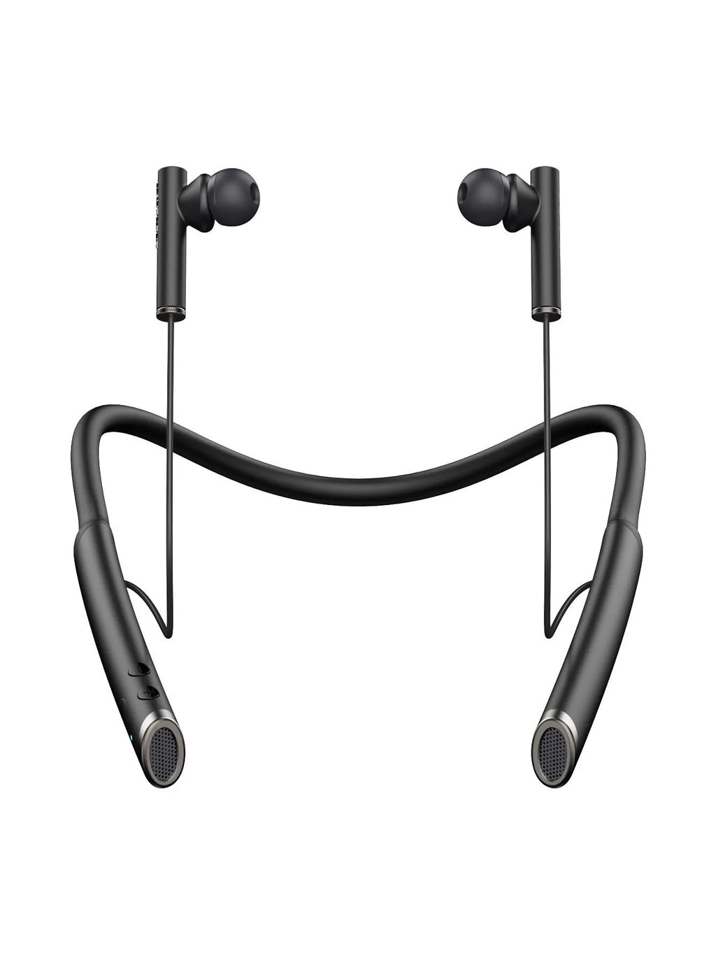 Simple neck hanging Bluetooth headphones in black ABS with earpieces