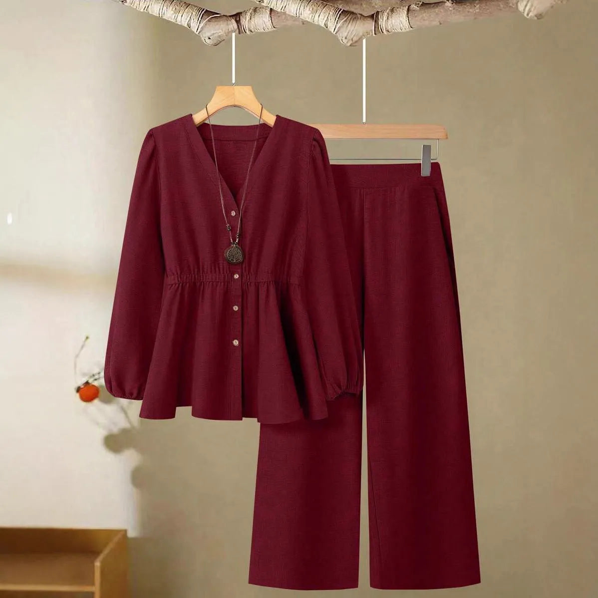 Women's long-sleeved pants polyester two-piece suit in khaki, front view, button closure, regular fit