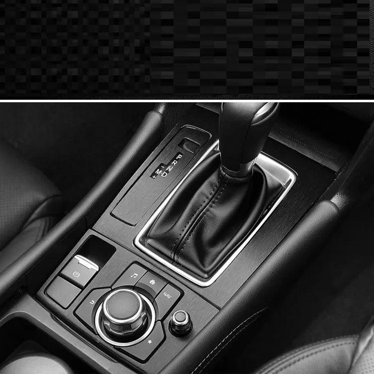 Decorative film sticker kit for car interior dashboard, centre console, and door handle customisation in carbon fibre or woodgrain patterns