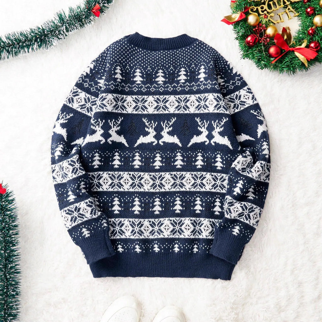 Men's Christmas jumper in red or navy blue, round neck, long sleeve, loose jacquard knit, sizes S to XXL.