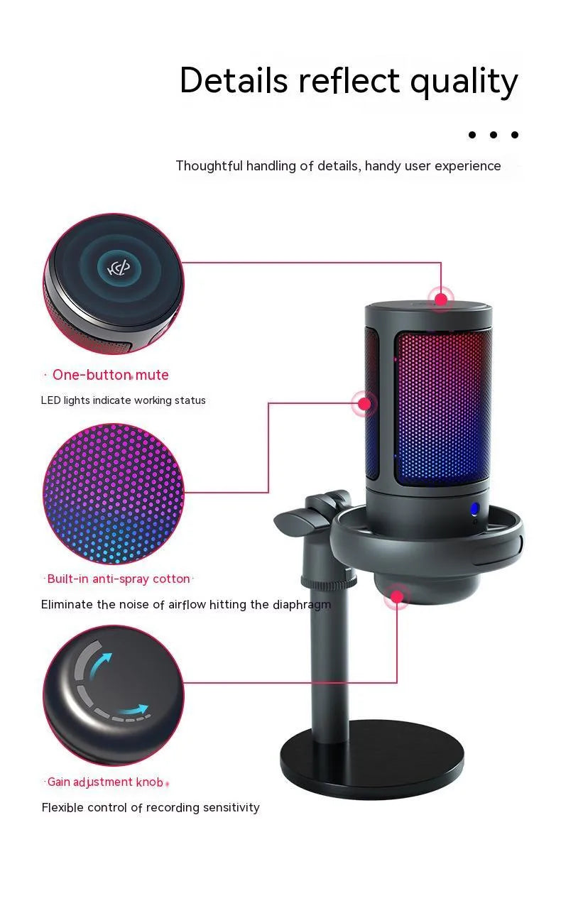 RGB condenser USB microphone in black, white, or pink with 150cm cable for computer recording