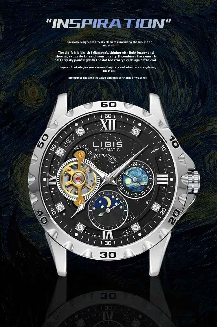 Men's silver case automatic watch with starry black luminous dial and brown leather strap.