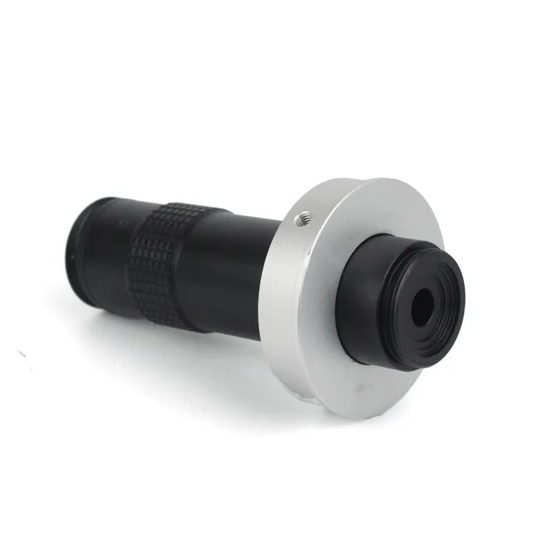 Black industrial inspection monocular lens with 0.1-1.3x magnification for electronics assembly